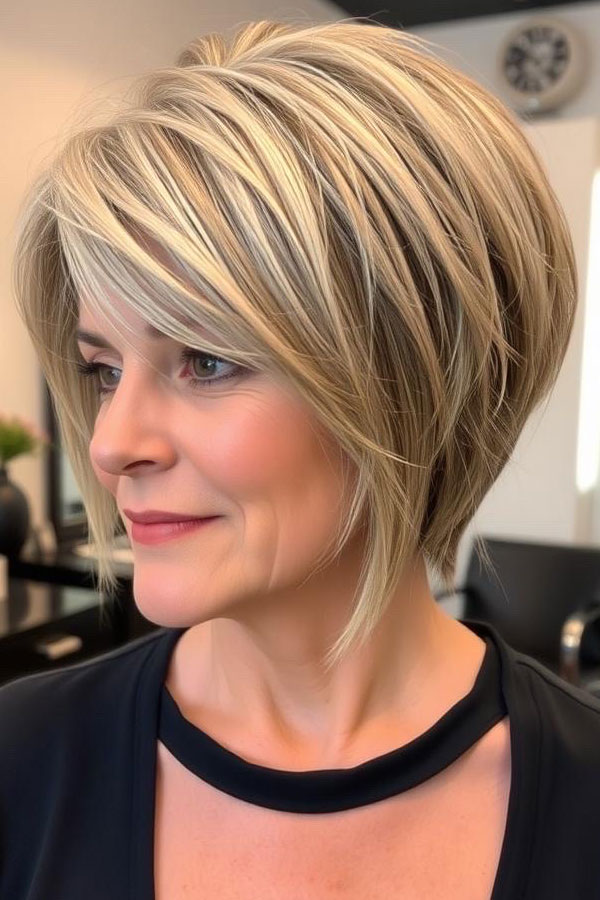 50 Pixie Hair Colour Ideas for Women Over 50 : Layered Blonde Bob Pixie