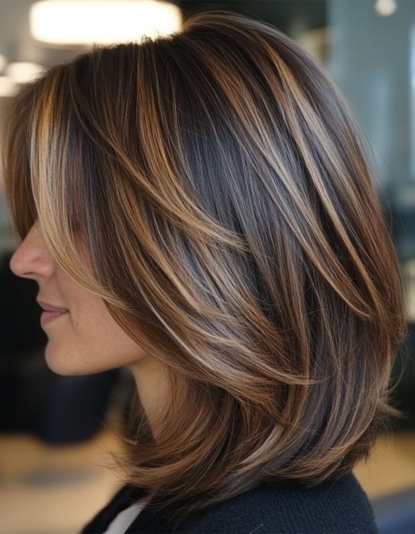 39 Flattering Medium Hairstyles Perfect for Thin Hair : Layered Brunette Lob with Caramel Highlights