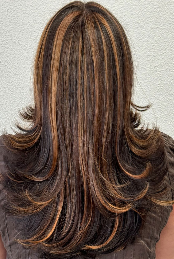 40 Long Layered Hairstyles to Enhance Straight Hair Layered Brunette with Caramel Highlights