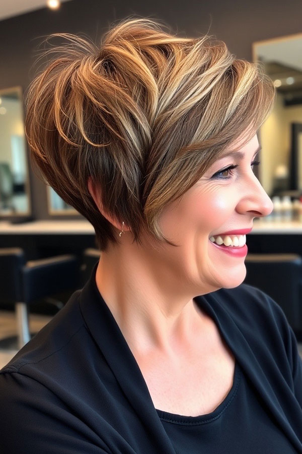 50 Pixie Hair Colour Ideas for Women Over 50 : Layered Pixie with Soft Honey Highlights