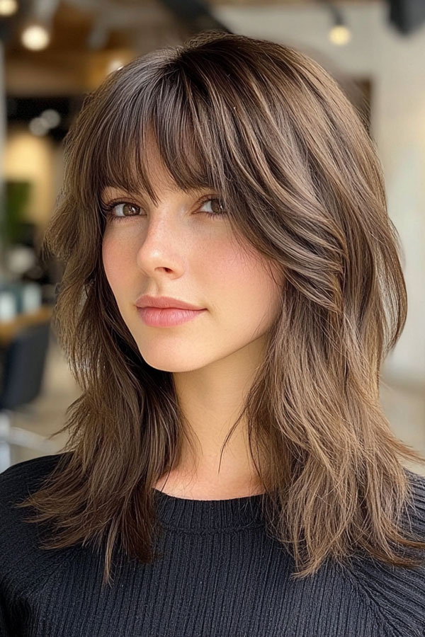 50 Wavy Lob Haircuts for Effortless Glamour : Layered Shaggy Lob with Curtain Bangs