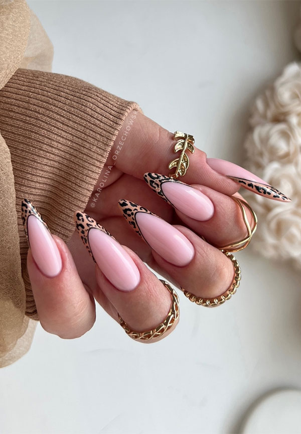 30 Trendy Fall Nails to Inspire Your Cozy Season Look : Leopard French Tip Almond Nails