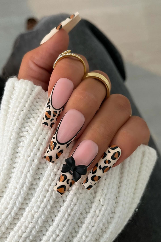 Leopard French Tip Coffin Shaped Nails with a Black Bow, Trendsetting Autumn Nail Designs, almond nails, fall nail design