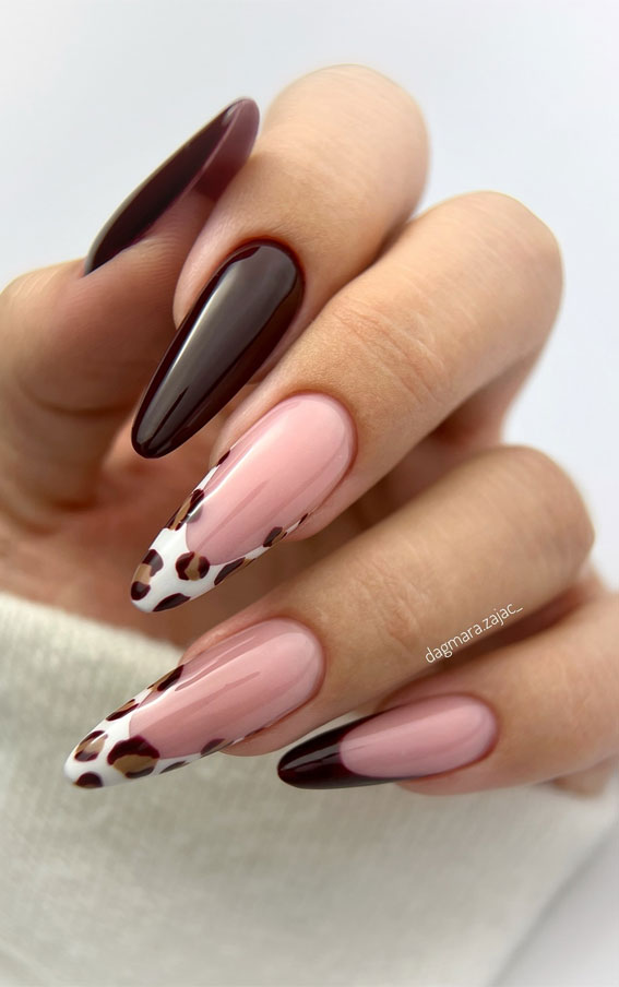 40 Trendsetting Autumn Nail Designs : Leopard Print and Deep Burgundy French Tips