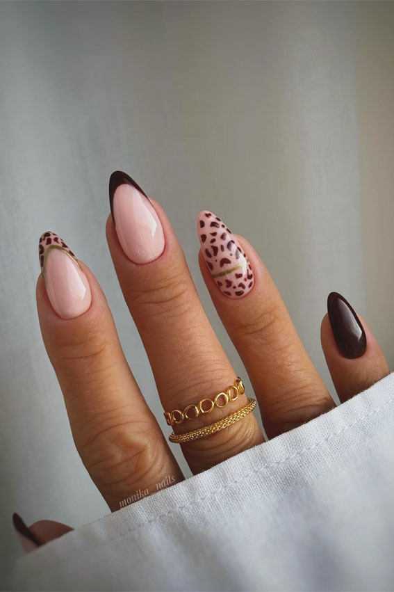 Leopard Print with Deep Burgundy Elegance, Autumn Nail Designs, almond nails, fall nail design, mix n match autumn nails