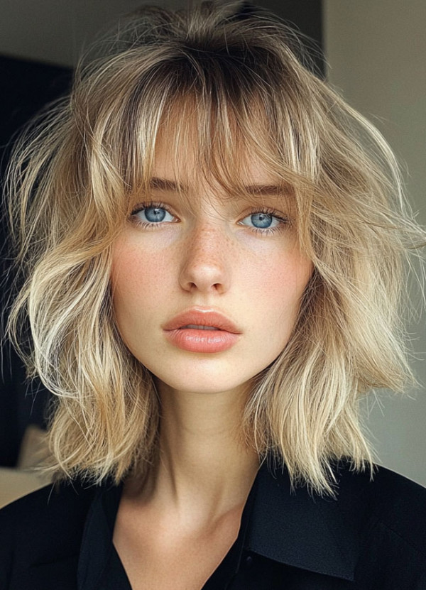 39 Flattering Medium Hairstyles Perfect for Thin Hair : Sandy Blonde Voluminous Shag with Wispy Bangs