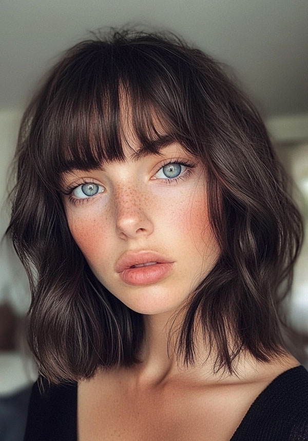 39 Flattering Medium Hairstyles Perfect for Thin Hair Messy Waves with Blunt Bangs