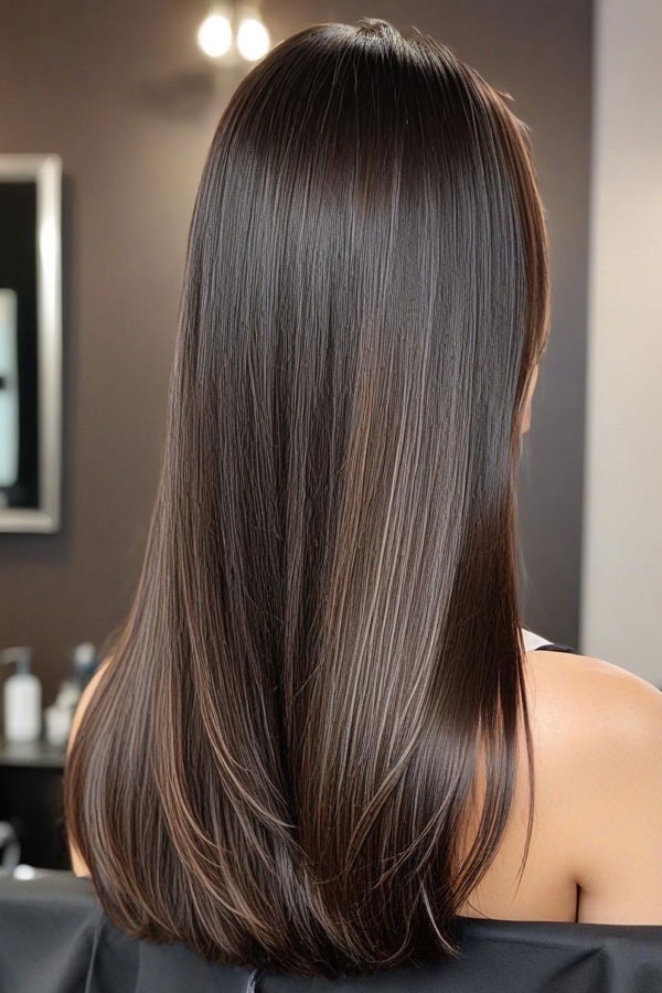 50 Fall Hair Colors to Light Up the Season : Long Sleek Brunette with Subtle Ashy Highlights