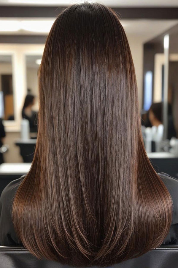 Long Straight Sleek Espresso Brown with Subtle Layers, autumn hair colour , fall hair color, autumn hair colour trend