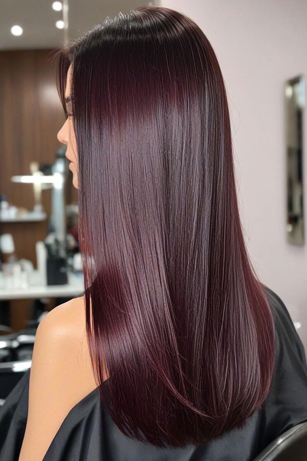 50 Fall Hair Colors to Light Up the Season : Long Straight Sleek Plum Ombre with Glossy Finish