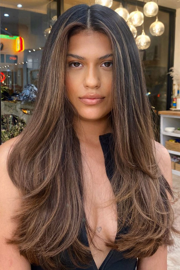 Luminous Brunette Layers with Face-Framing Highlights, Long Layered Hairstyle to Enhance Straight Hair, long layered haircut for straight hair, long layers, long layered haircut