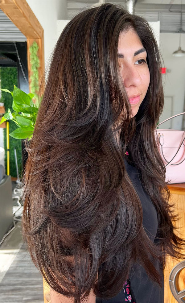 Lush Volume with Layered Flow, butterfly layered haircut, long layered haircut with curtain bangs, voluminous long layered haircut, long layered hairstyle