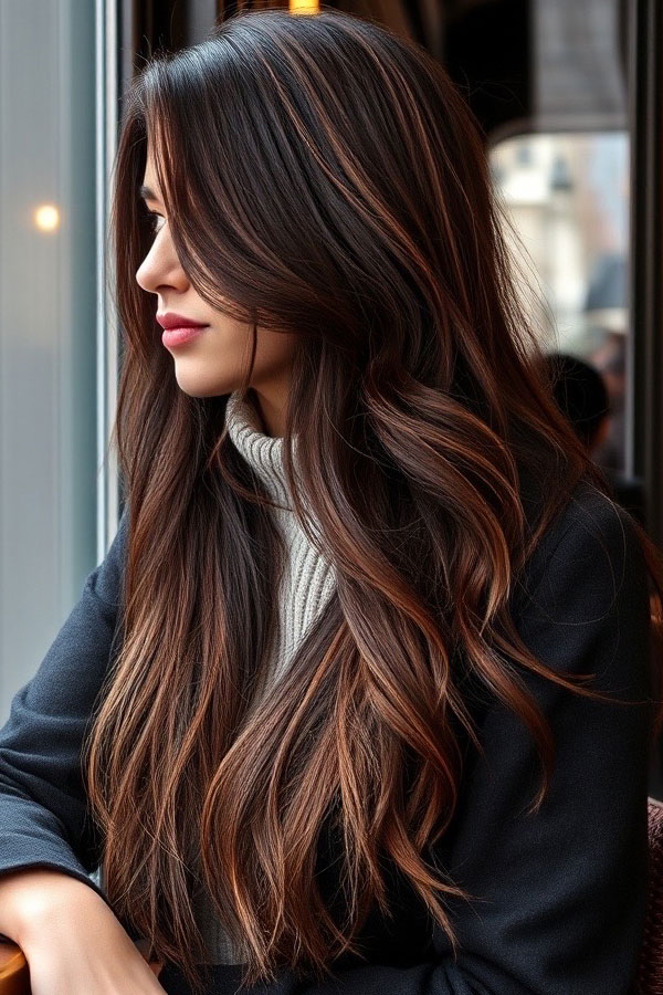 53 Gorgeous Hair Colours for the Fall Season : Mahogany Brown Long Waves