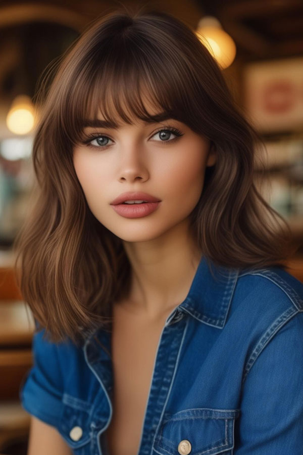 39 Flattering Medium Hairstyles Perfect for Thin Hair : Chestnut Soft Waves with Feathered Bangs