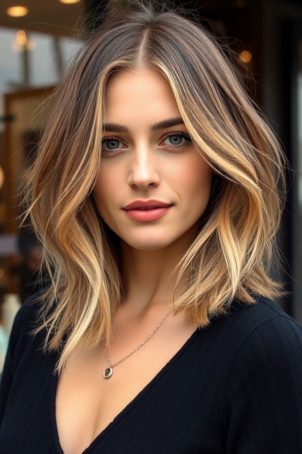 32 Low-Maintenance Medium-Length Haircuts : Middle-Parted Waves with Face-Framing Highlights