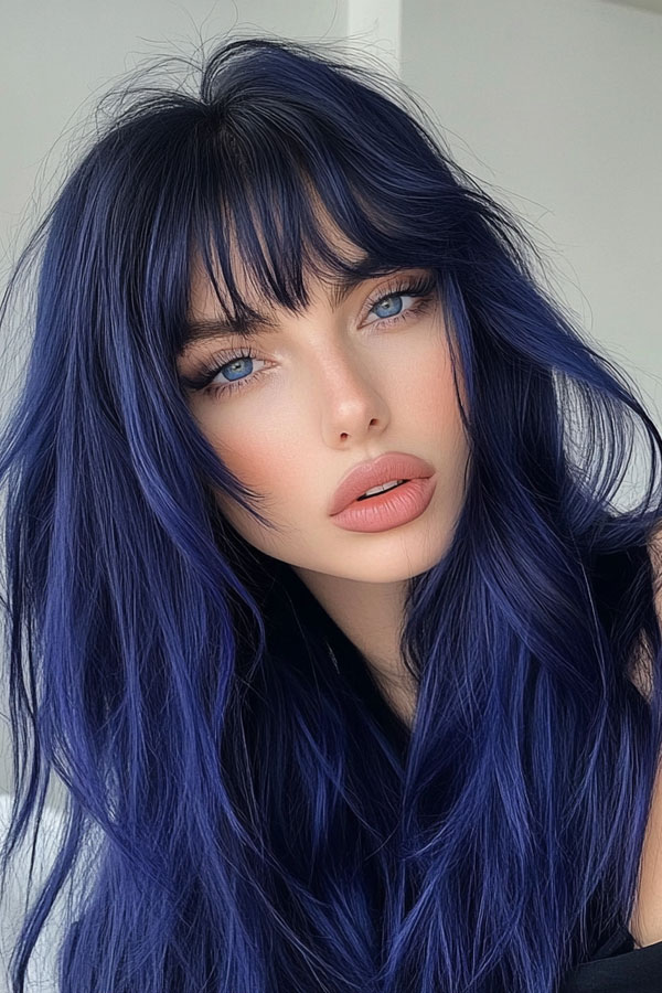 35 Trendy Long Straight Haircuts To Try Now : Midnight Sapphire Layers with Fringe