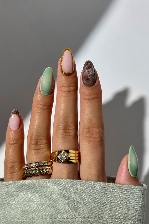 Mint and Marble Elegance, Trendsetting Autumn Nail Designs, almond nails, fall nail design