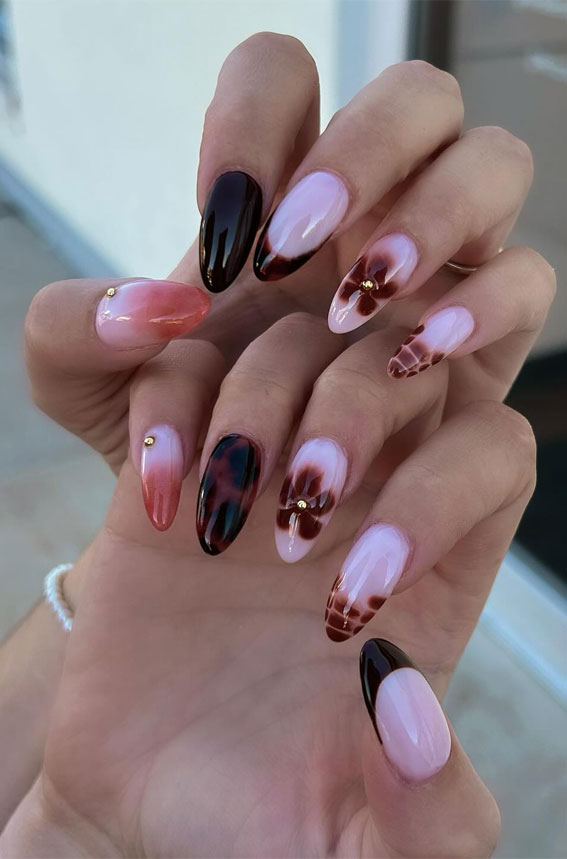 Mixed Tortoiseshell and Ombre Glam , Autumn Nail Designs, almond nails, fall nail design, mix n match autumn nails