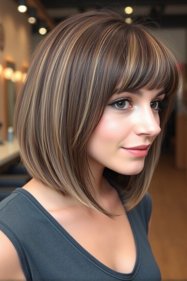 53 Gorgeous Hair Colours for the Fall Season : Mocha Highlights with Bangs