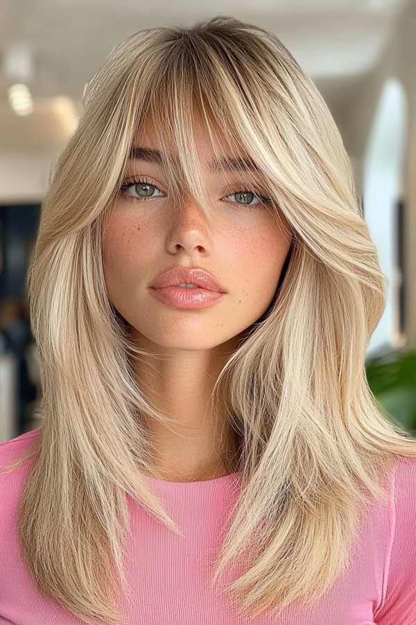 35 Trendy Long Straight Haircuts To Try Now : Modern Platinum Layers with Curtain Bangs