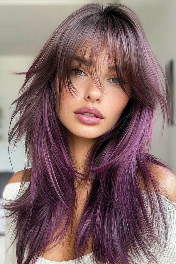 35 Trendy Long Straight Haircuts To Try Now : Mystic Violet Feathered Layers