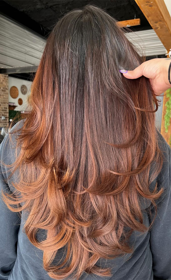 Ombre Auburn Long Layers, butterfly layered haircut, long layered haircut with curtain bangs, voluminous long layered haircut, long layered hairstyle