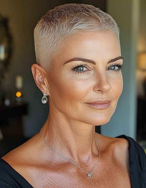 50 Trendy Pixie Haircuts For Women Over 50 : Platinum Blonde Buzz Cut