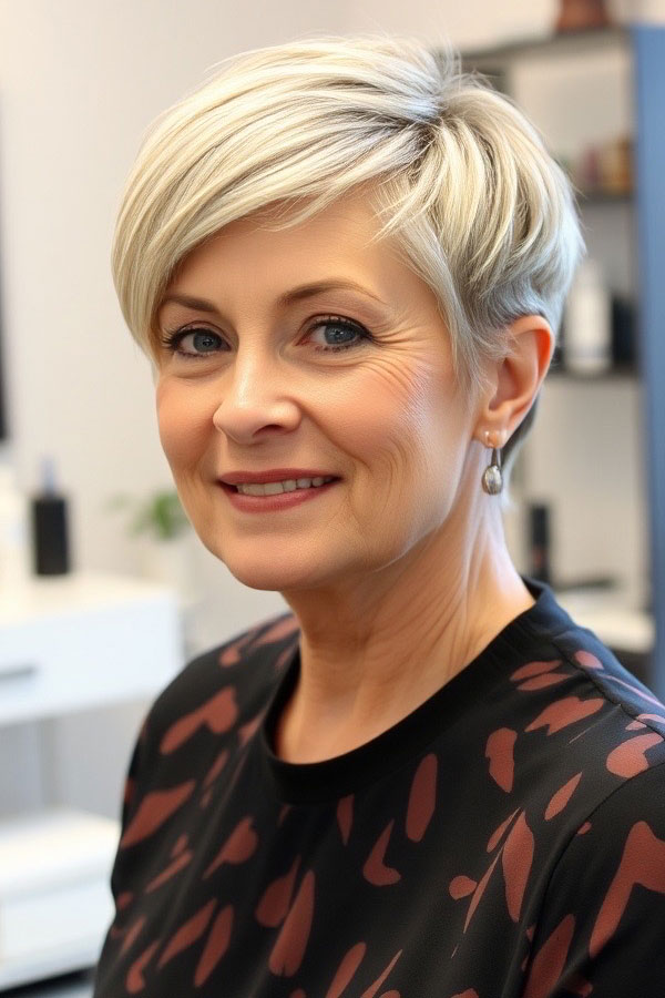 50 Pixie Hair Colour Ideas for Women Over 50 : Platinum Blonde Pixie with Side-Swept Bangs