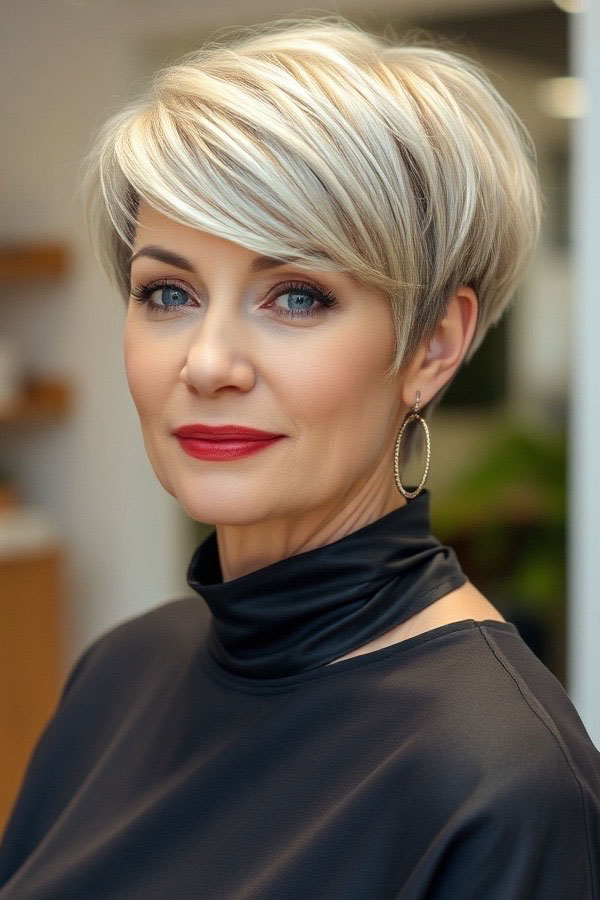 50 Pixie Hair Colour Ideas for Women Over 50 : Platinum Blonde Pixie with Sleek Side-Swept Bangs