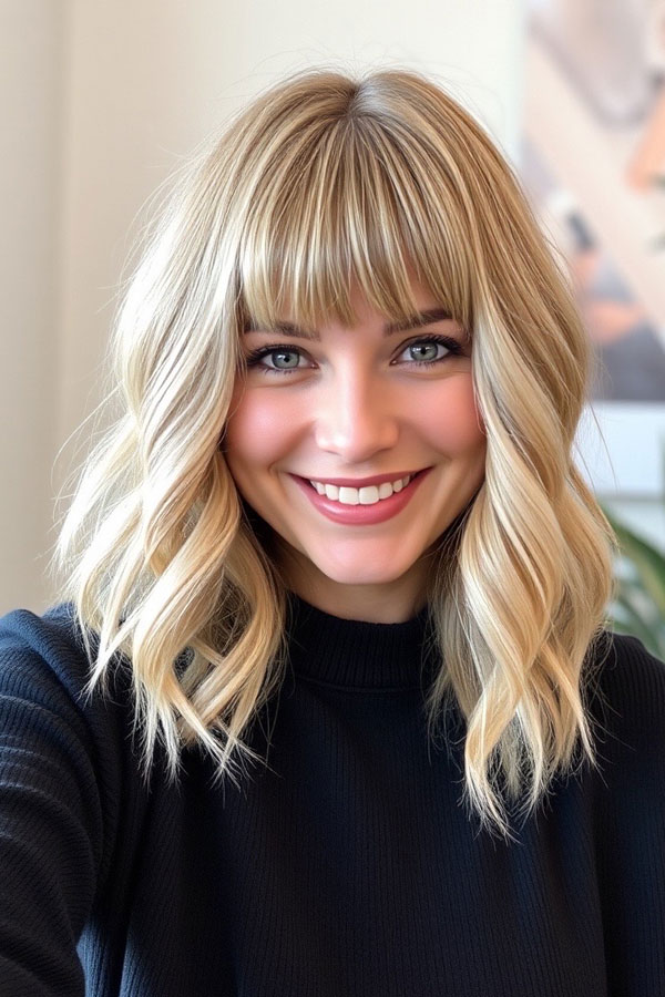 Platinum Blonde Waves with Full Bangs, Wavy Lob Haircut, Long Bob hairstyle