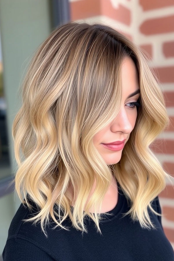 Platinum Blonde Wavy Lob, Wavy Lob Haircut, Long Bob hairstyle