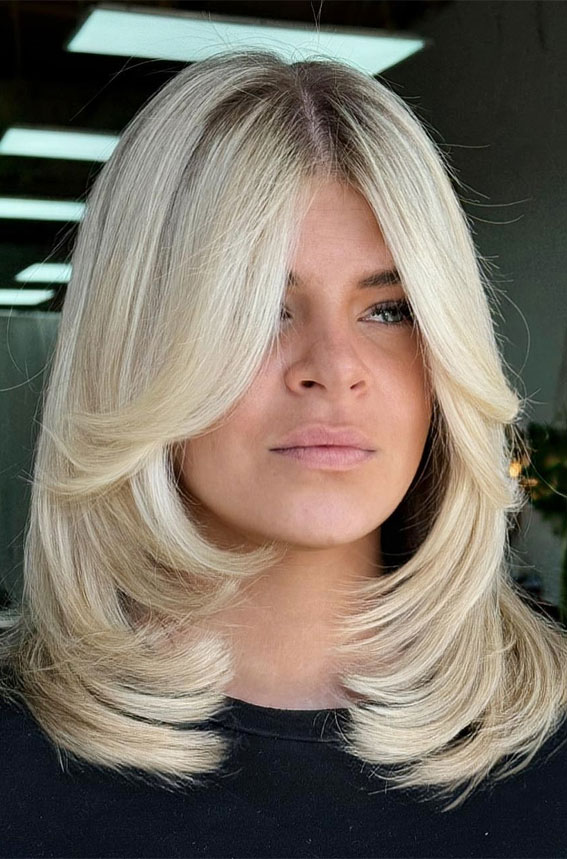 Platinum Layers with a Middle Part, shoulder length layered haircut, Trending Medium Layered Haircuts, medium length layered haircut, medium length layered hairstyle