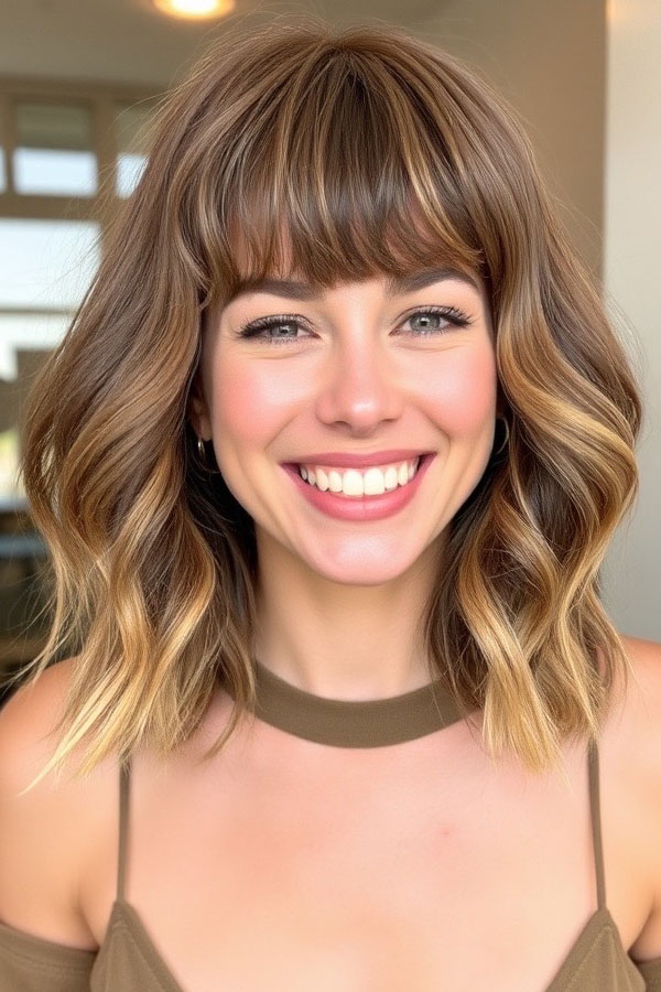 50 Wavy Lob Haircuts for Effortless Glamour : Playful Bangs with Wavy Lob