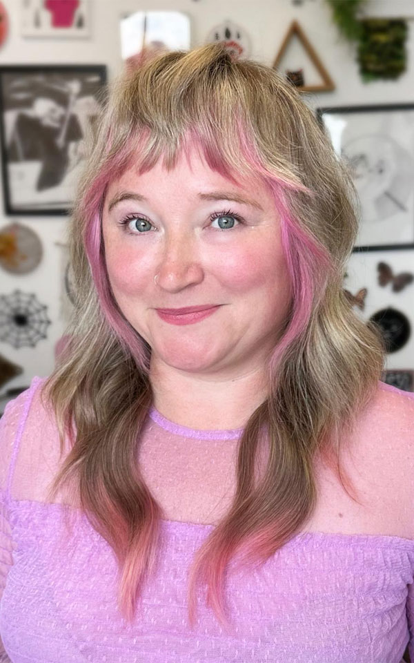 50 Beautiful Long Shag Haircuts for Effortless Style : Playful Pink Shag with Choppy Bangs