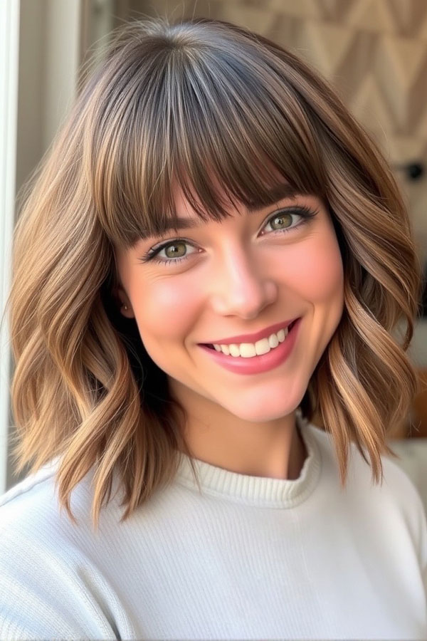 50 Wavy Lob Haircuts for Effortless Glamour : Playful Wavy Lob with Full Bangs