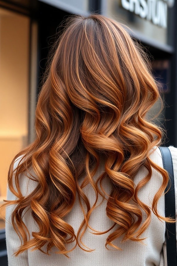 25 Cute Pumpkin Hair Colour Ideas for Fall : Pumpkin Spice Balayage Long Wavy