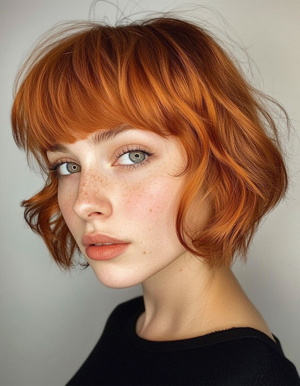 25 Cute Pumpkin Hair Colour Ideas for Fall : Pumpkin Spice Bob with Soft Fringe