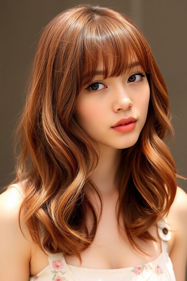 Pumpkin Spice Soft Waves with Fringe, pumpkin hair colour