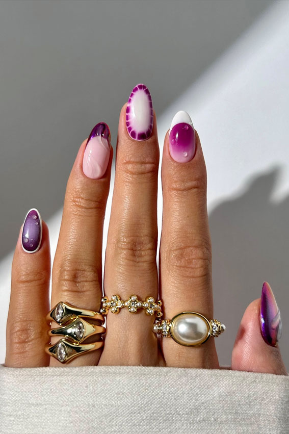 Purple Haze and Pearls, Trendsetting Autumn Nail Designs, almond nails, fall nail design, mix n match autumn nails