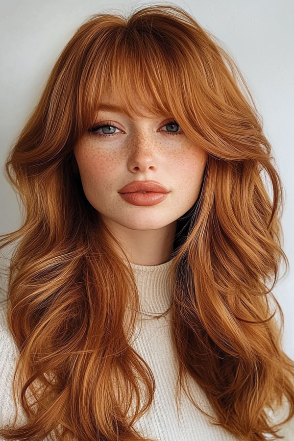 50 Fall Hair Colors to Light Up the Season : Radiant Ginger Waves with Full Fringe