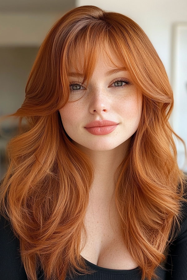 50 Fall Hair Colors to Light Up the Season : Radiant Strawberry Blonde with Soft Layers and Curtain Bangs