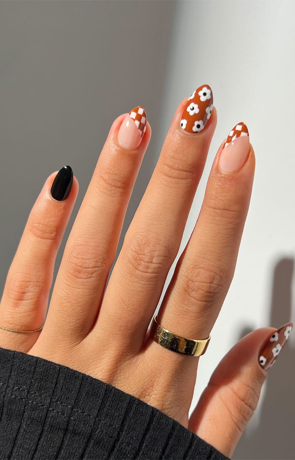 Retro Checkerboard and Florals, Trendsetting Autumn Nail Designs, almond nails, fall nail design