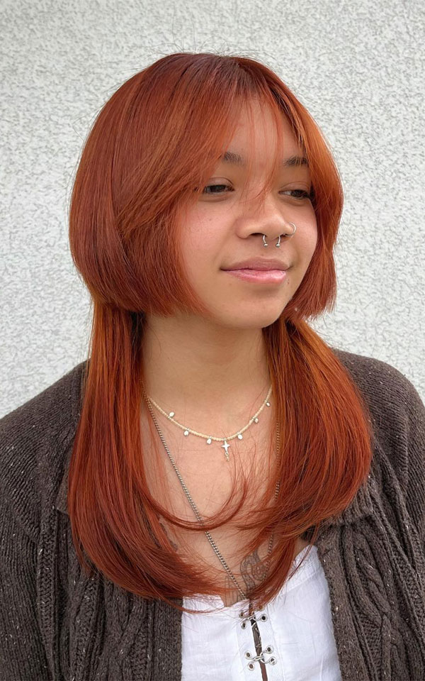 27 Long Layered Haircuts for Round Faces : Retro-Inspired Copper Layers