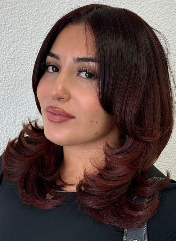 Rich Auburn Layers with Flipped Ends, shoulder length layered haircut, Trending Medium Layered Haircuts, medium length layered haircut, medium length layered hairstyle