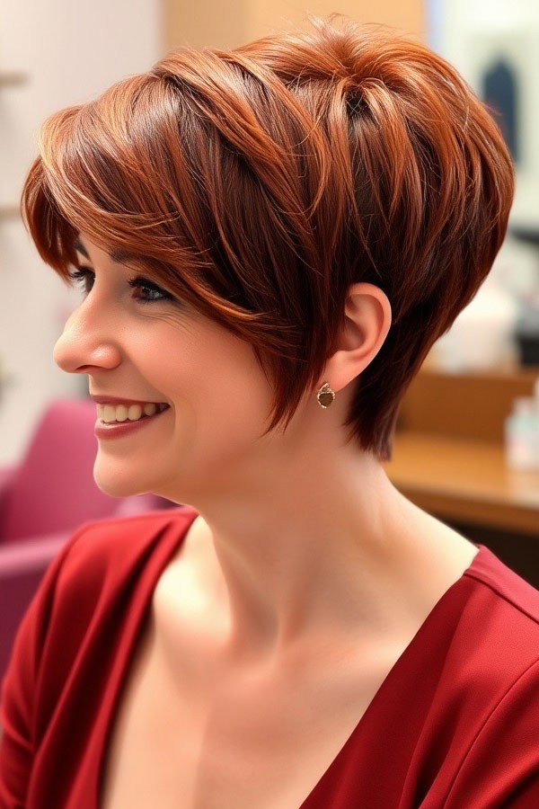 Rich Auburn Pixie with Volume, pixie hair color idea, pixie haircut, pixie hair color