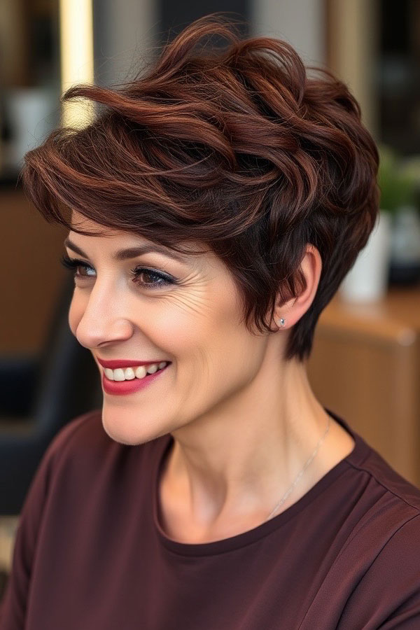 50 Pixie Hair Colour Ideas for Women Over 50 : Rich Auburn Pixie with Waves