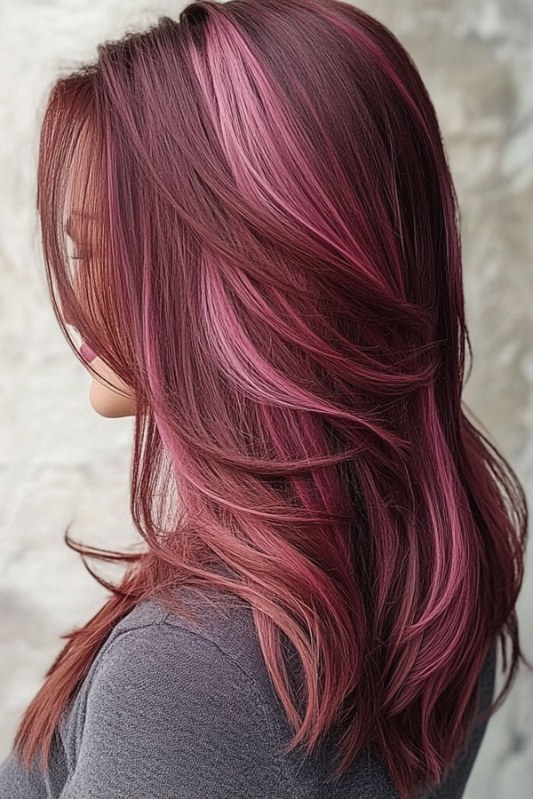 50 Fall Hair Colors to Light Up the Season : Rich Berry Tones with Pink Highlights