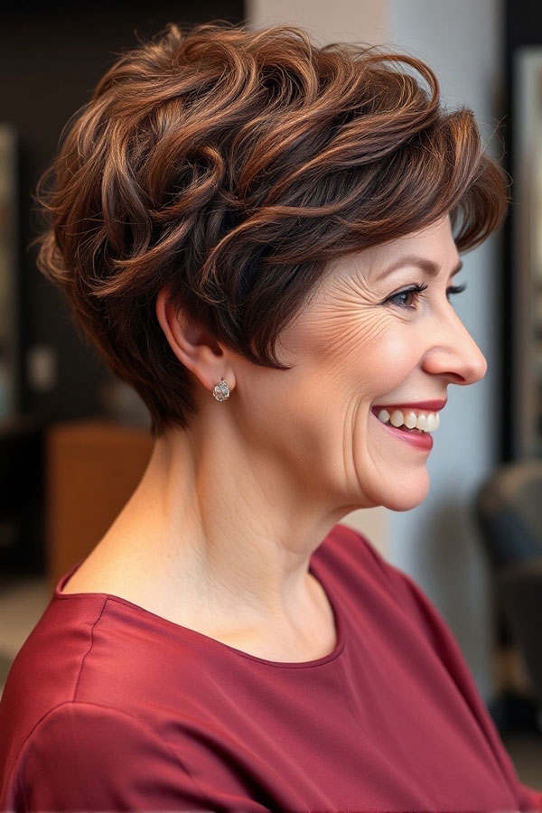 Rich Brunette Pixie with Soft Curls, pixie hair color idea, pixie haircut, pixie hair color