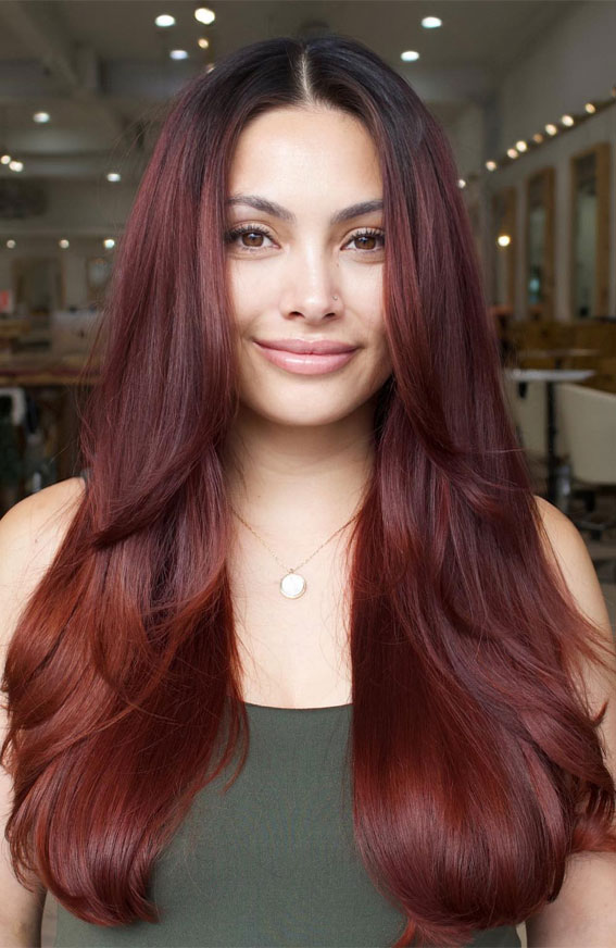 Rich Burgundy Layers with a Sleek Finish, Long Layered Hairstyle to Enhance Straight Hair, long layered haircut for straight hair, long layers, long layered haircut