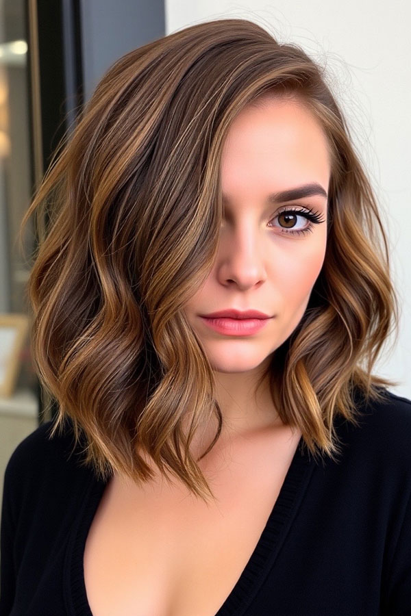 50 Wavy Lob Haircuts for Effortless Glamour : Rich Chestnut Wavy Lob